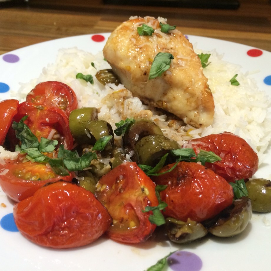 Roasted chicken with tomatoes and olives