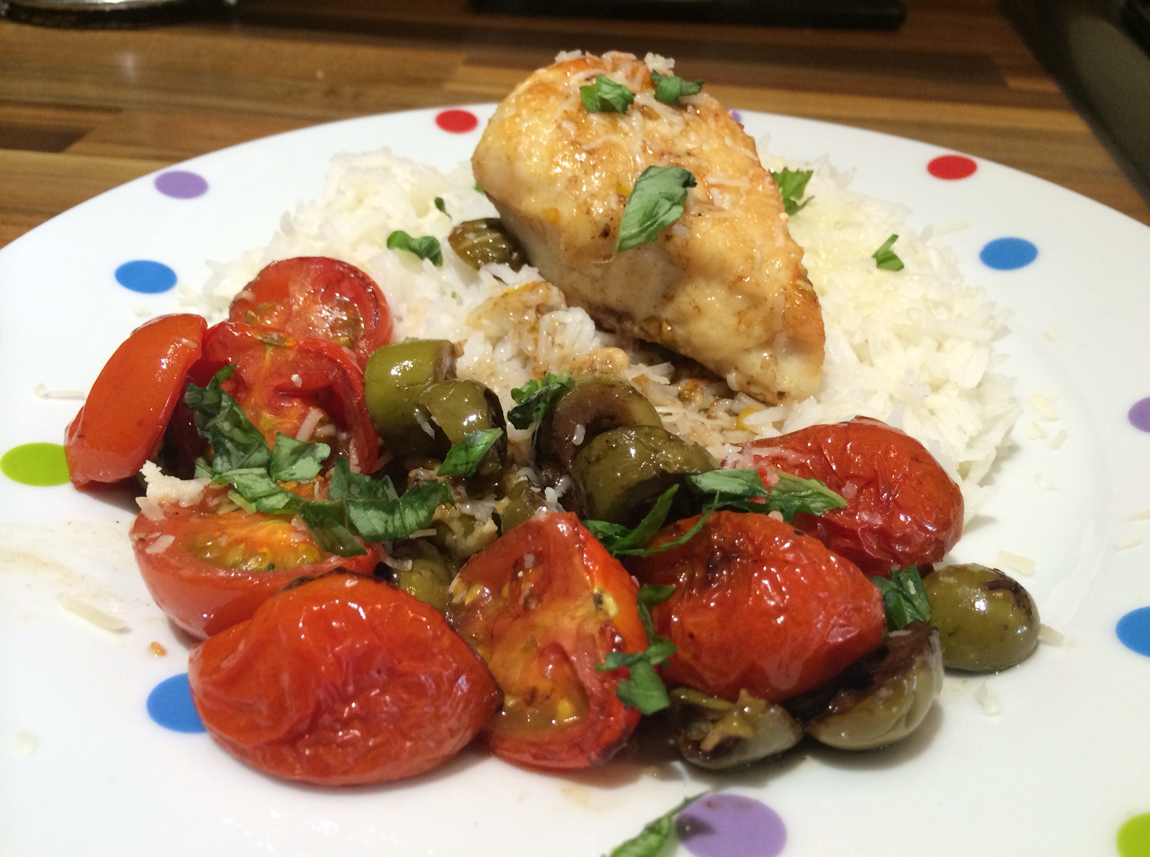 Roasted chicken with tomatoes and olives