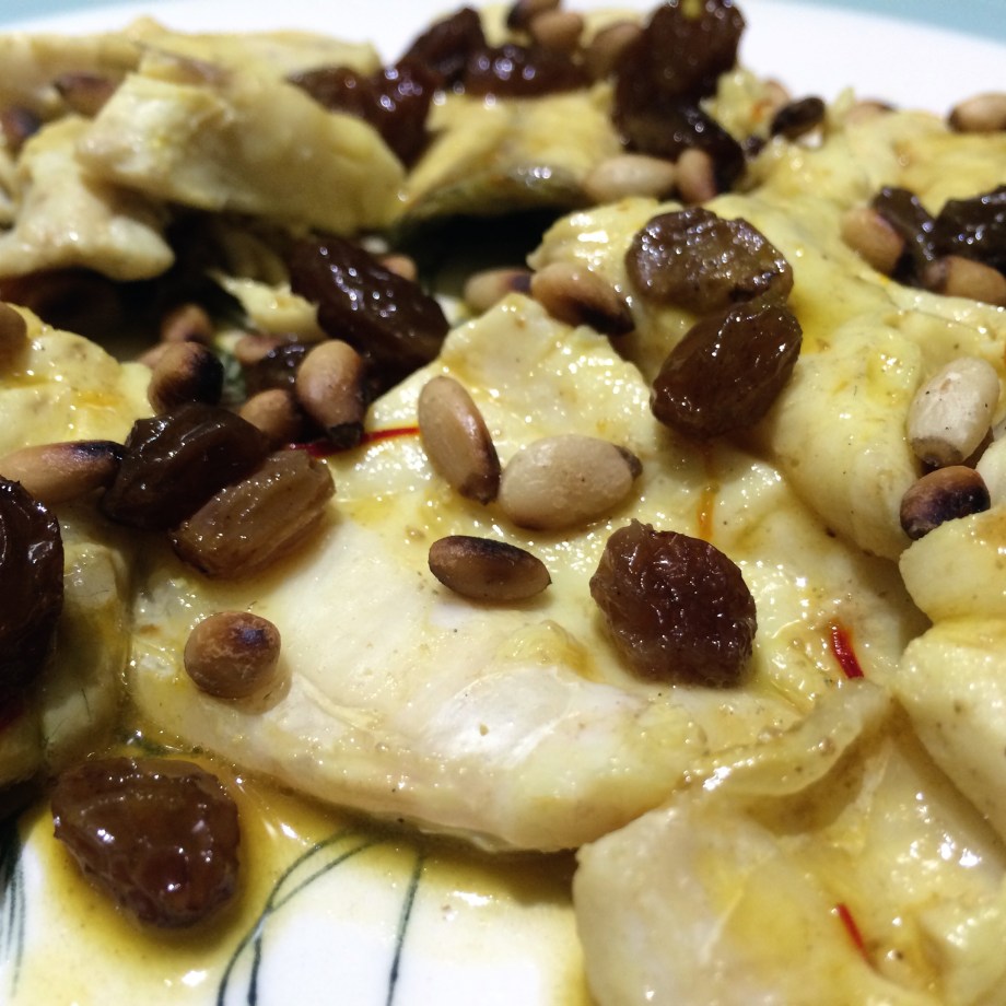 Sea bass with saffron, sherry and pine nuts