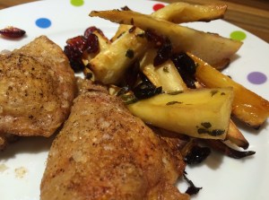 Maple, sage and cranberry roasted parsnips