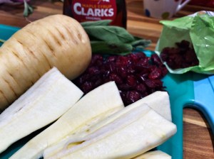 Maple, sage and cranberry roasted parsnips