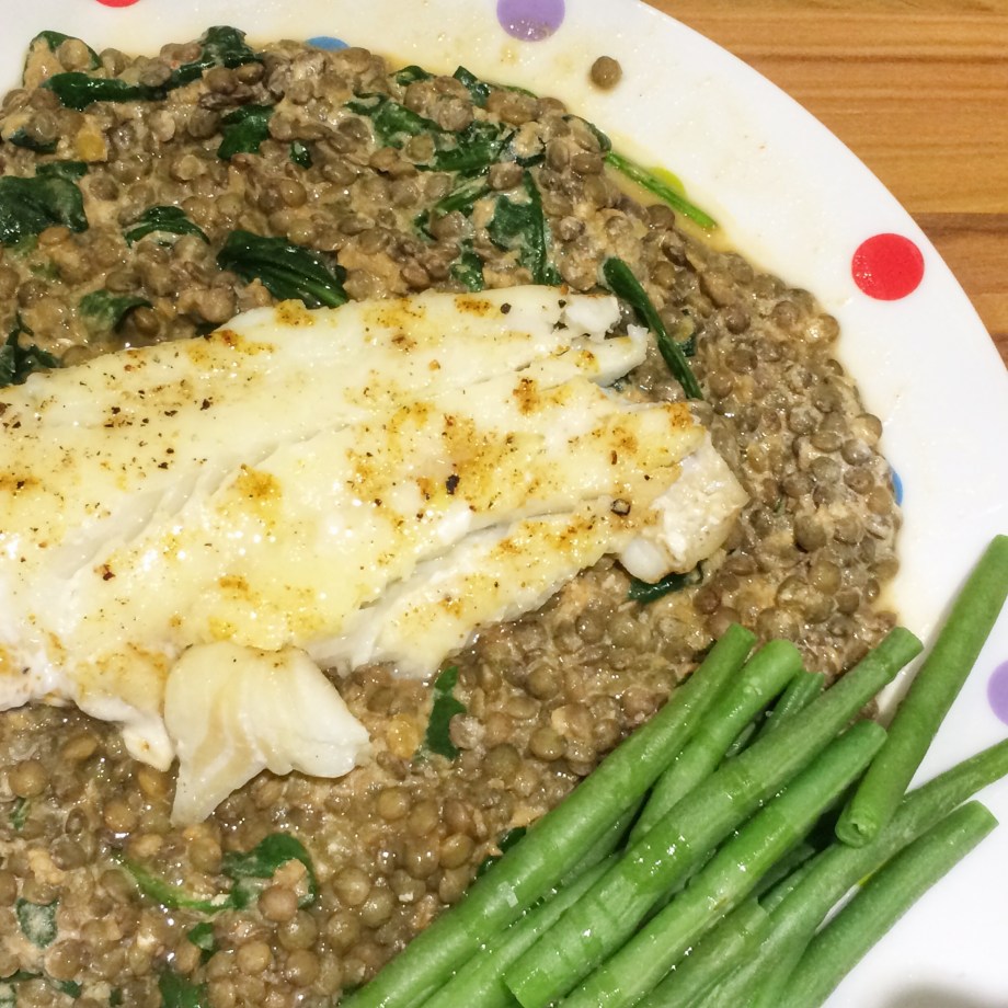 baked cod with curried lentils spinach