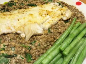 baked cod with curried lentils spinach