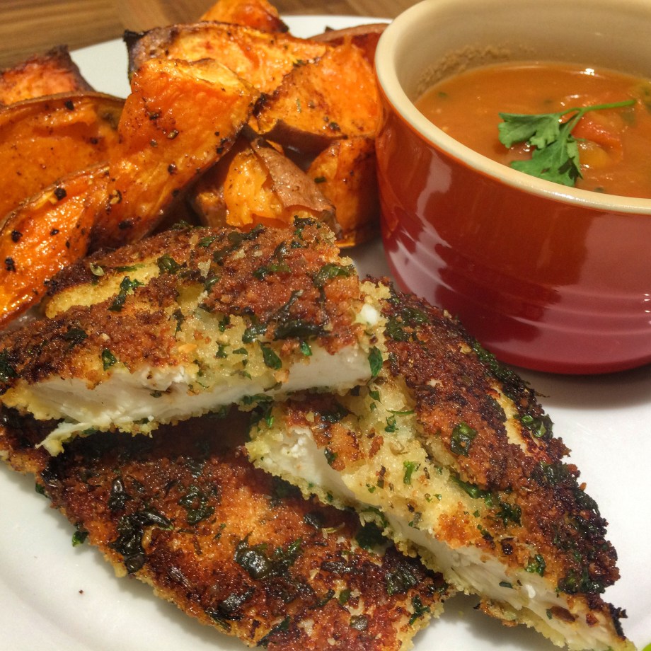 Crispy breaded chicken with tomato salsa