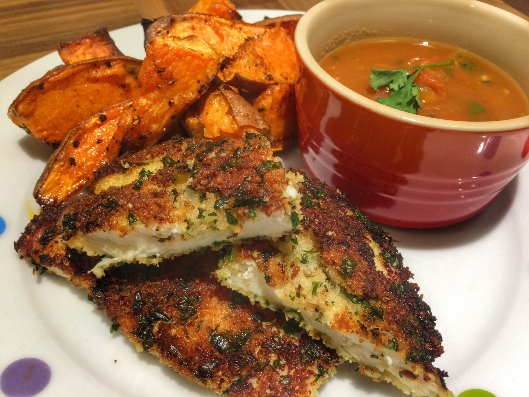 Crispy breaded chicken with tomato salsa