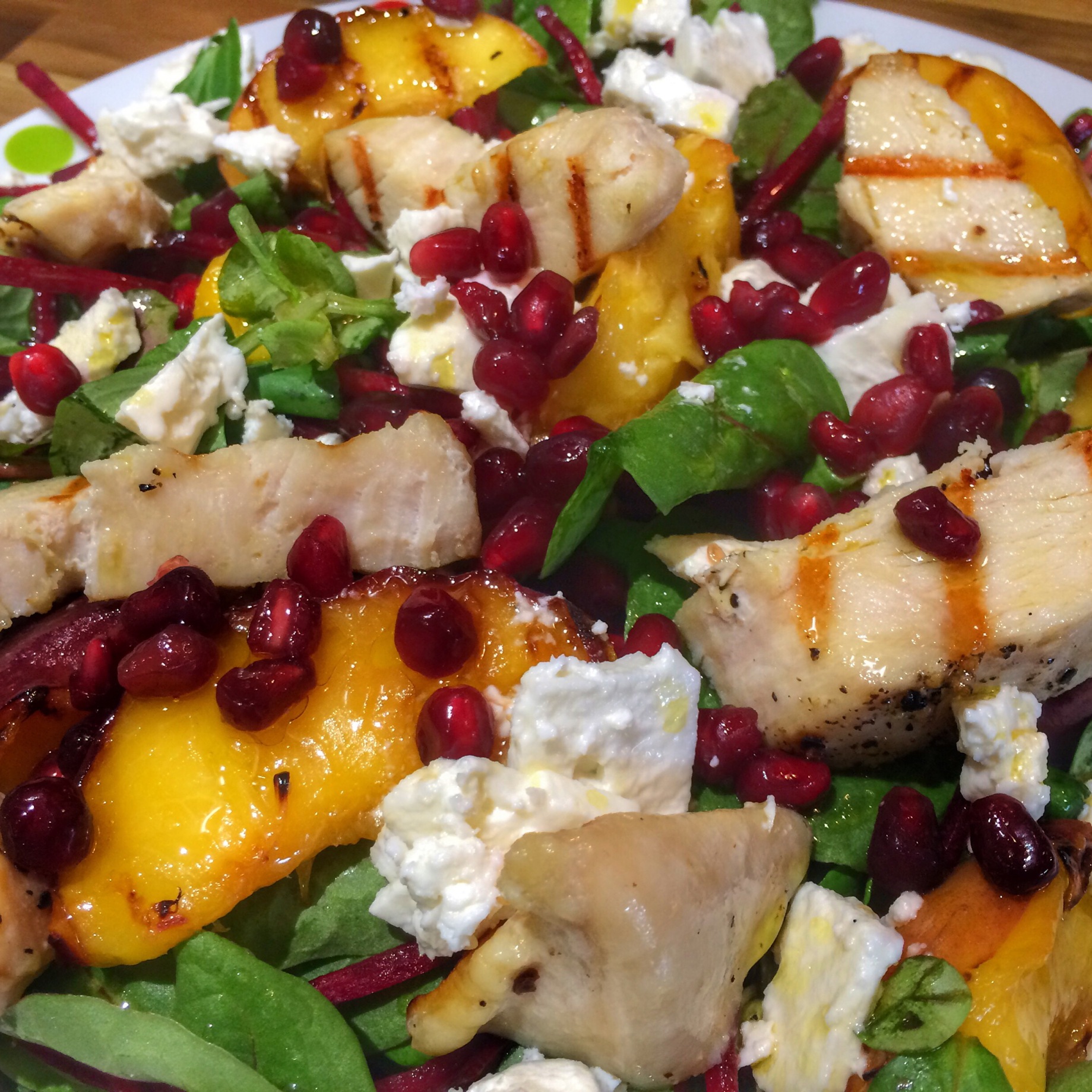 Griddled peach chicken feta salad