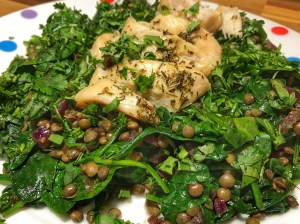 Autumn salad with Puy lentils, red wine and onions