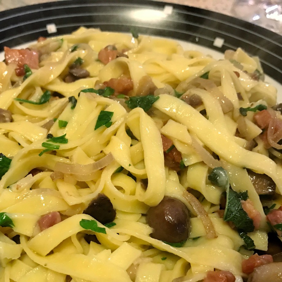 Tagliatelle pasta with chestnuts pancetta and sage Christmas