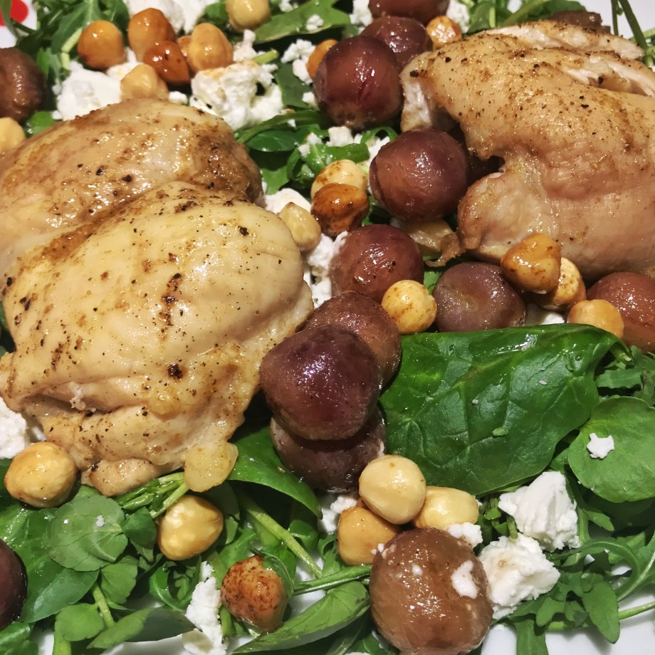Roasted chicken, red grape and hazelnut salad