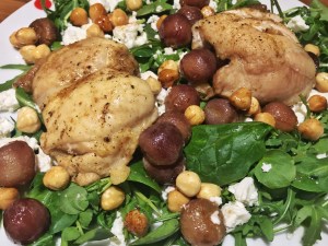 Roasted chicken, red grape and hazelnut salad