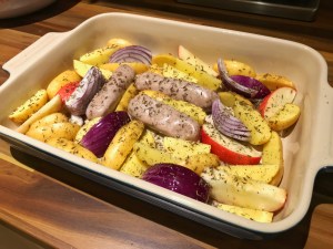 Sausage, apple and red onion tray bake with Vivaldi potatoes